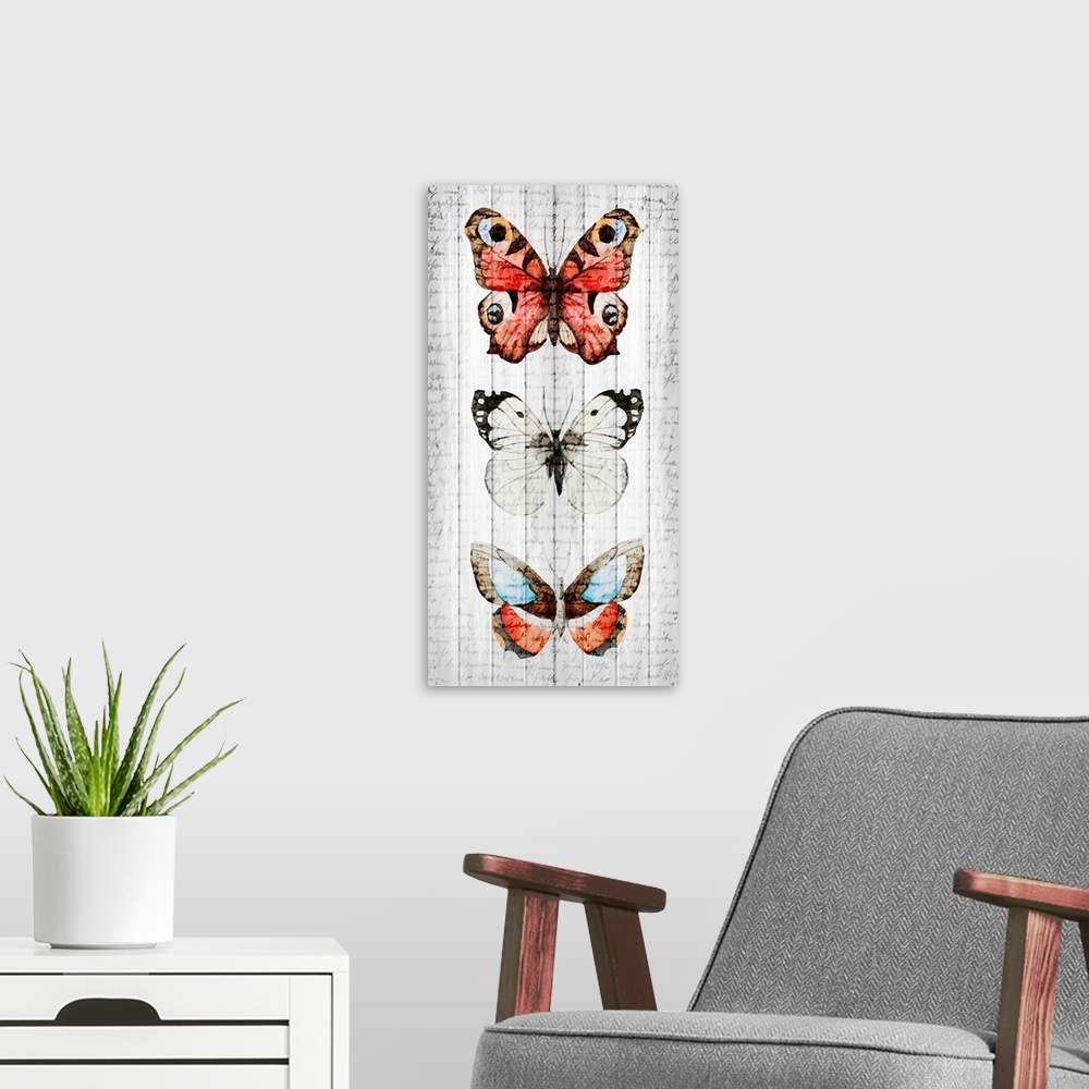 A modern room featuring Three butterflies painted vertically on a wooden paneled background with faded handwriting on top.