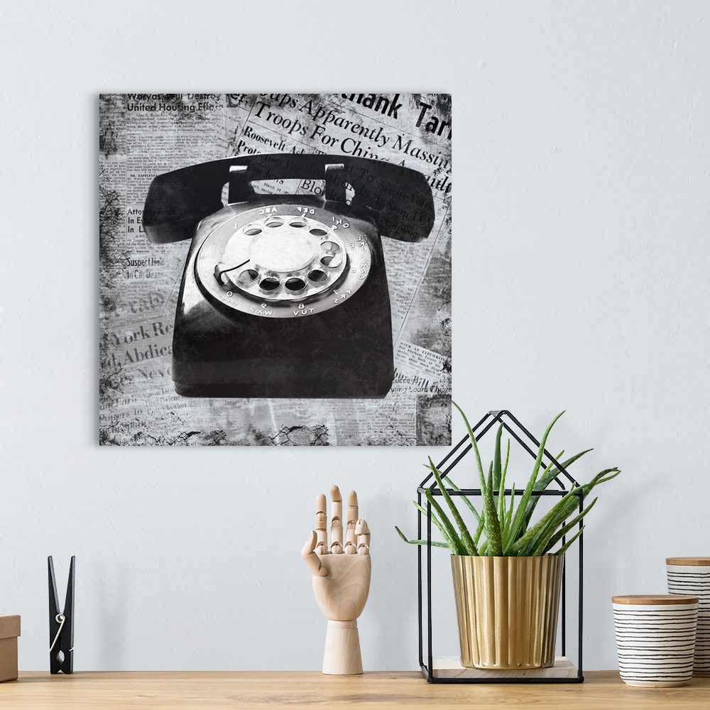 A bohemian room featuring A black and white image of a vintage telephone on a newspaper clipping background.