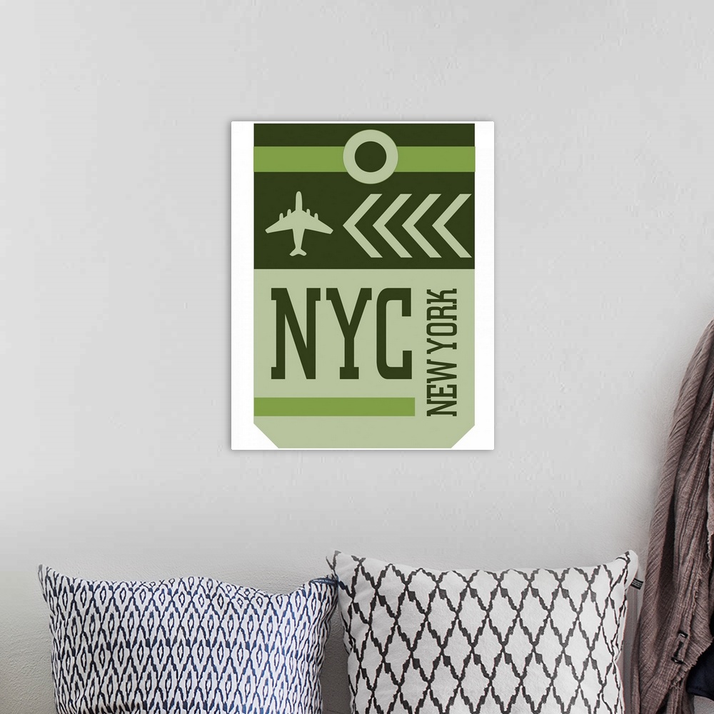 A bohemian room featuring A retro style luggage tag for airline flights to NYC in New York.
