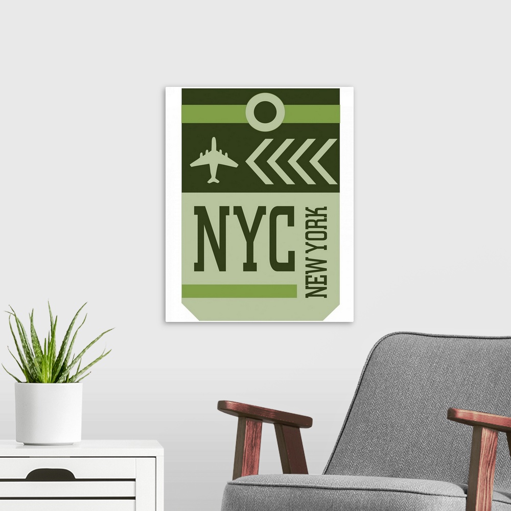 A modern room featuring A retro style luggage tag for airline flights to NYC in New York.