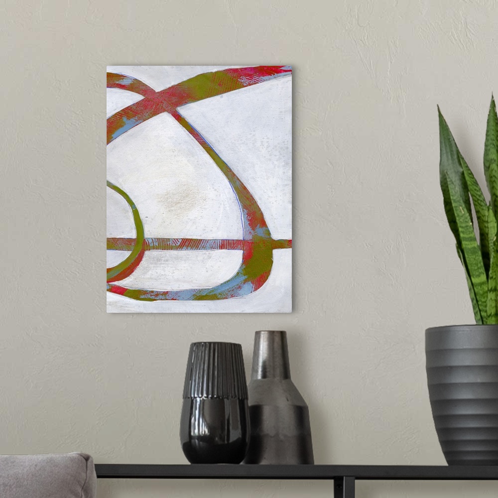 A modern room featuring Abstract painting using vibrant colors and organic shapes that intertwine against a gray background.