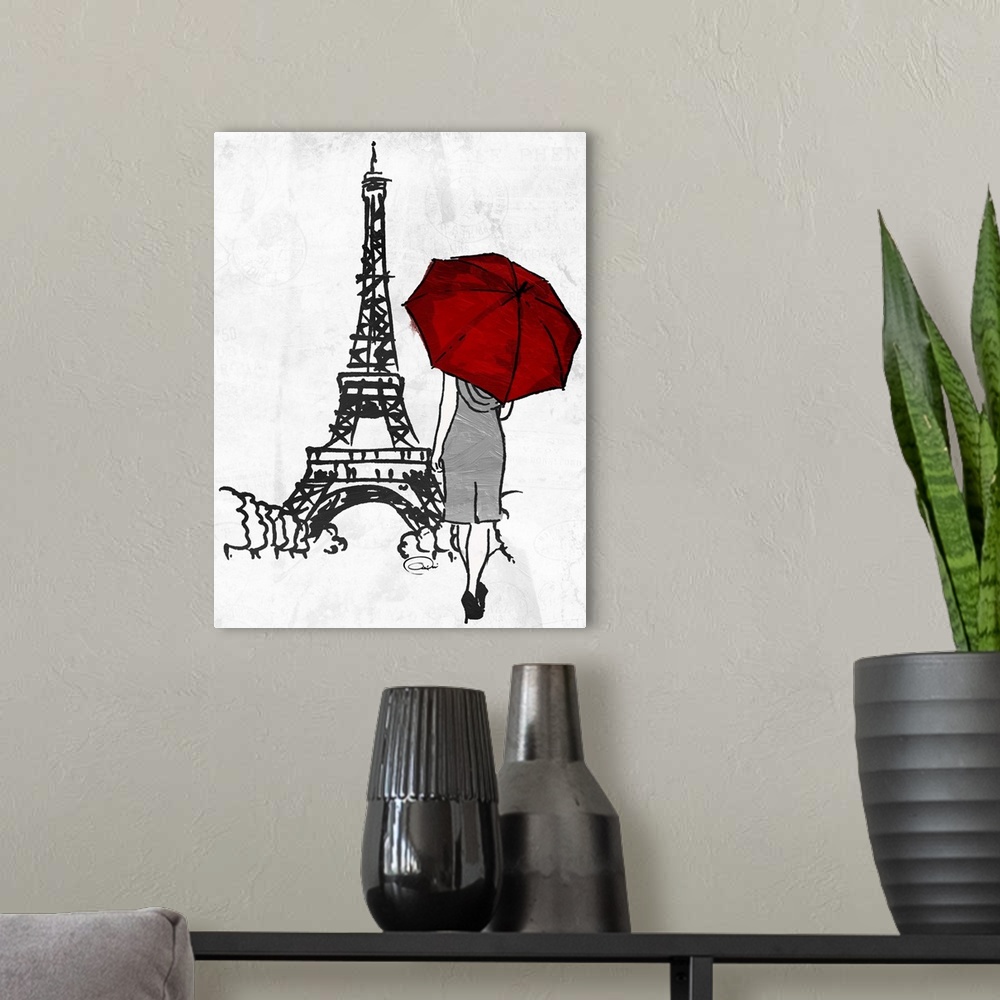A modern room featuring Ink drawing of a woman with a red umbrella walking towards the Eiffel Tower.