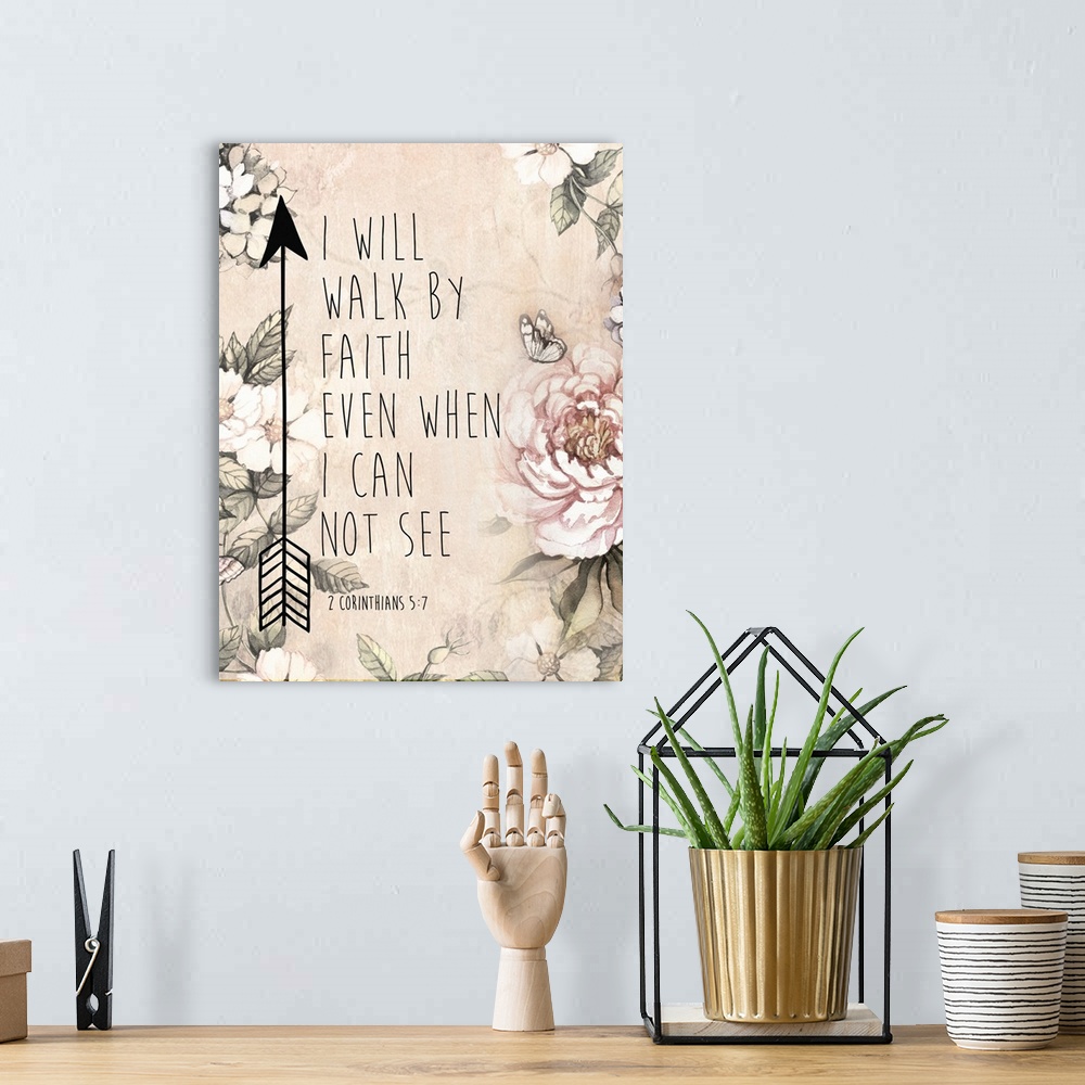 A bohemian room featuring Bible verse decorated with an arrow and illustrated flowers.