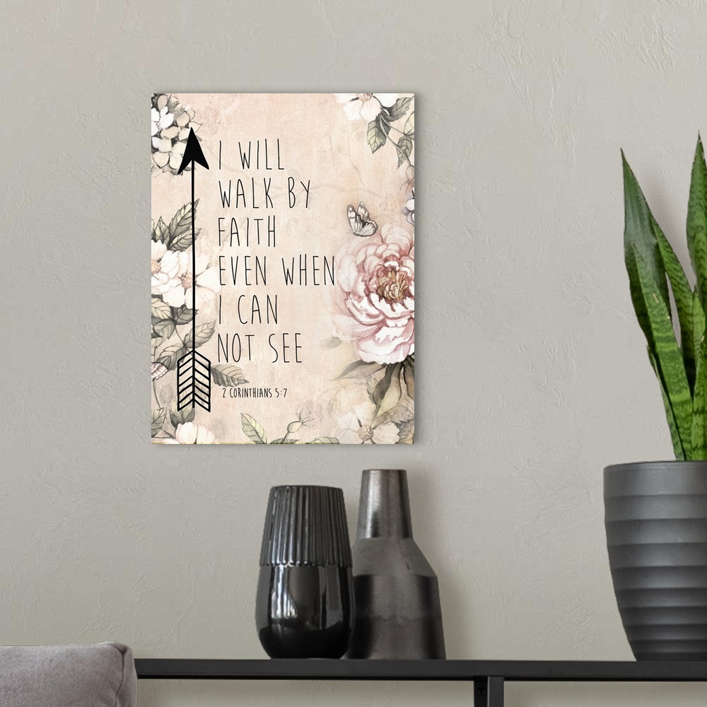 A modern room featuring Bible verse decorated with an arrow and illustrated flowers.