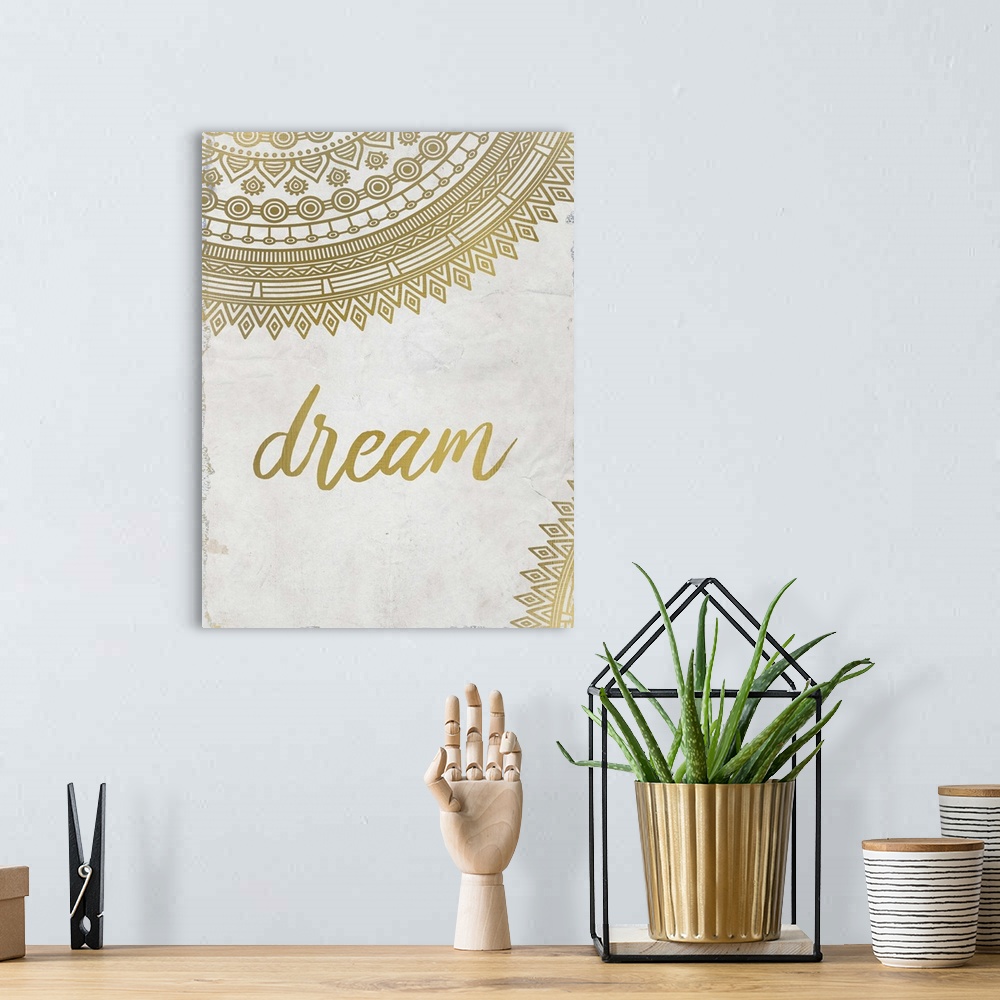 A bohemian room featuring Intricate golden mandala patterns framing the word "Dream."