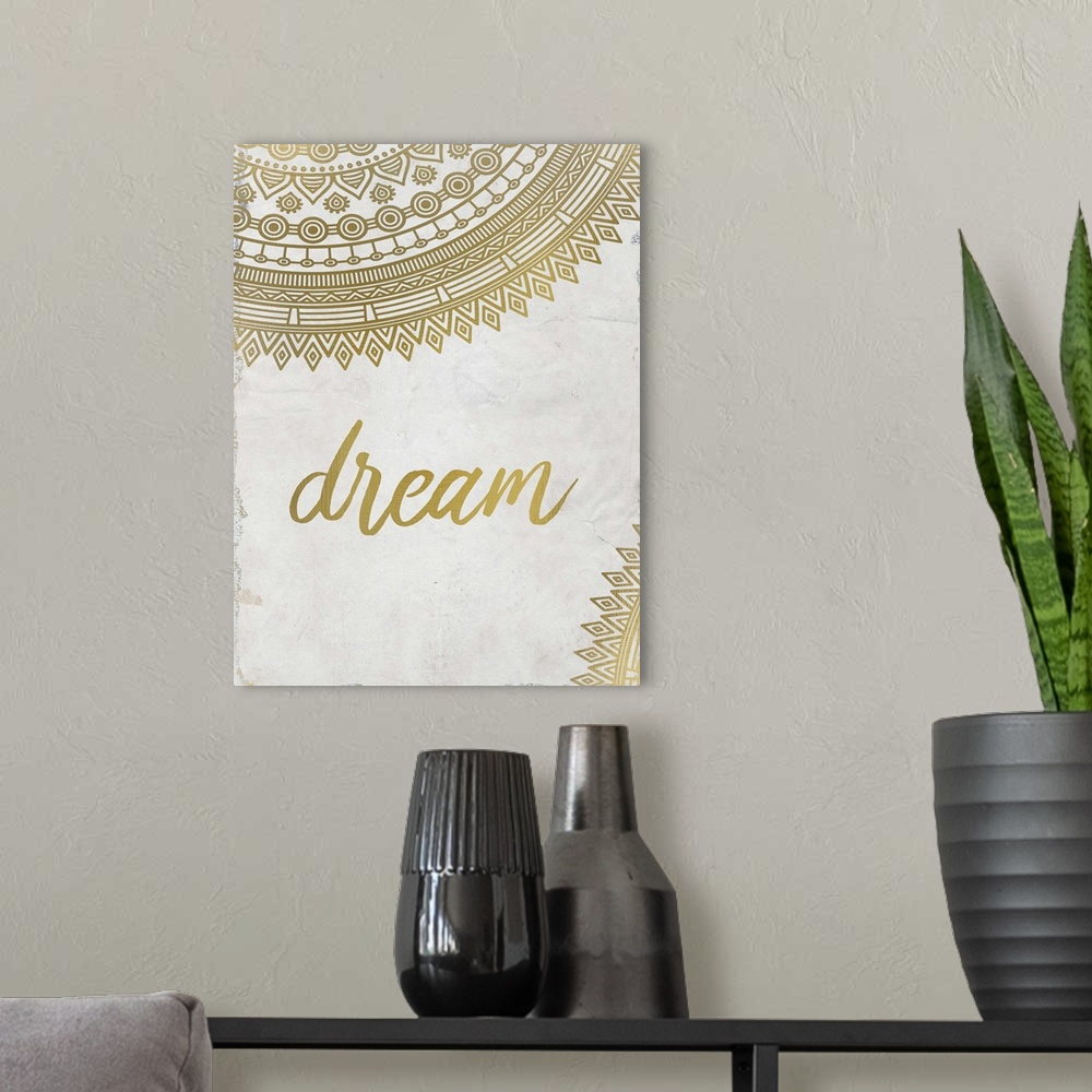 A modern room featuring Intricate golden mandala patterns framing the word "Dream."