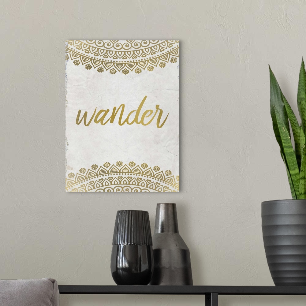 A modern room featuring Intricate golden mandala patterns framing the word "Wander."