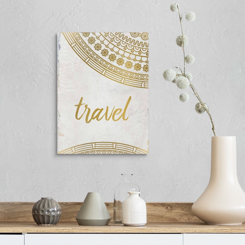 A farmhouse room featuring Intricate golden mandala patterns framing the word "Travel."