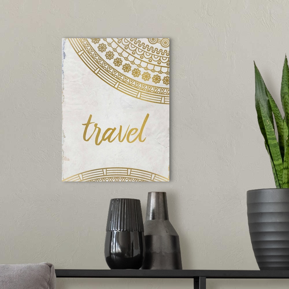 A modern room featuring Intricate golden mandala patterns framing the word "Travel."