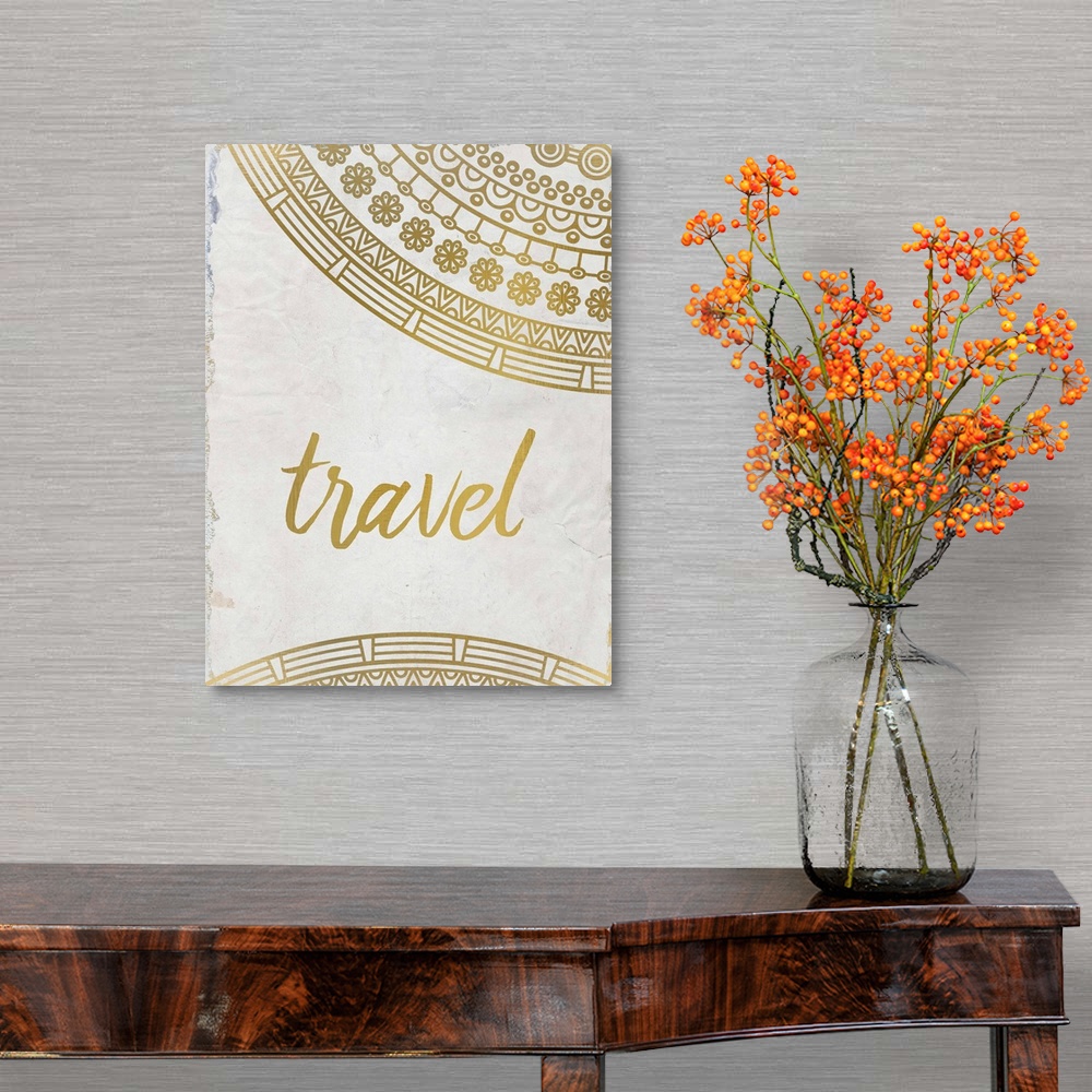 A traditional room featuring Intricate golden mandala patterns framing the word "Travel."