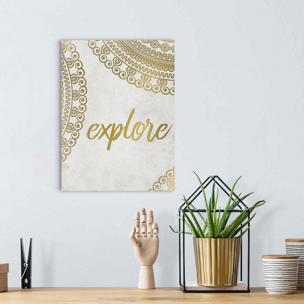 A bohemian room featuring Intricate golden mandala patterns framing the word "Explore."