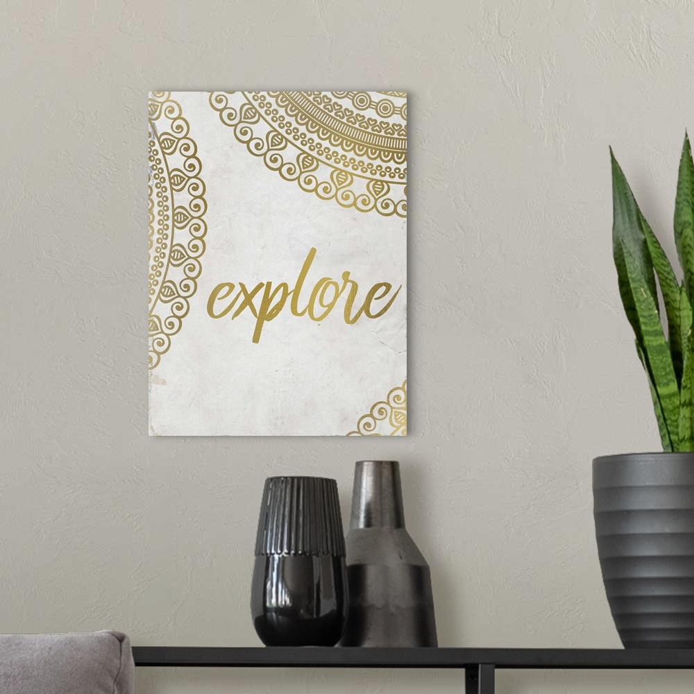 A modern room featuring Intricate golden mandala patterns framing the word "Explore."