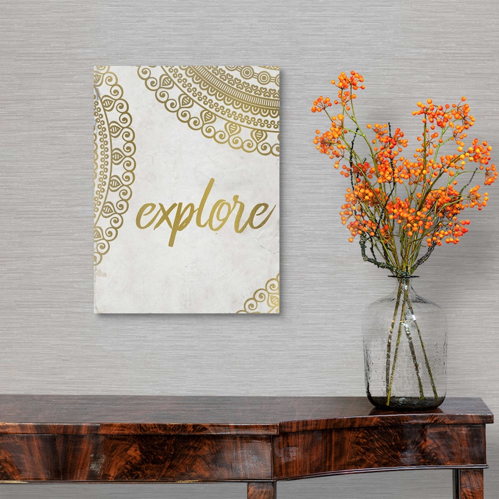 A traditional room featuring Intricate golden mandala patterns framing the word "Explore."