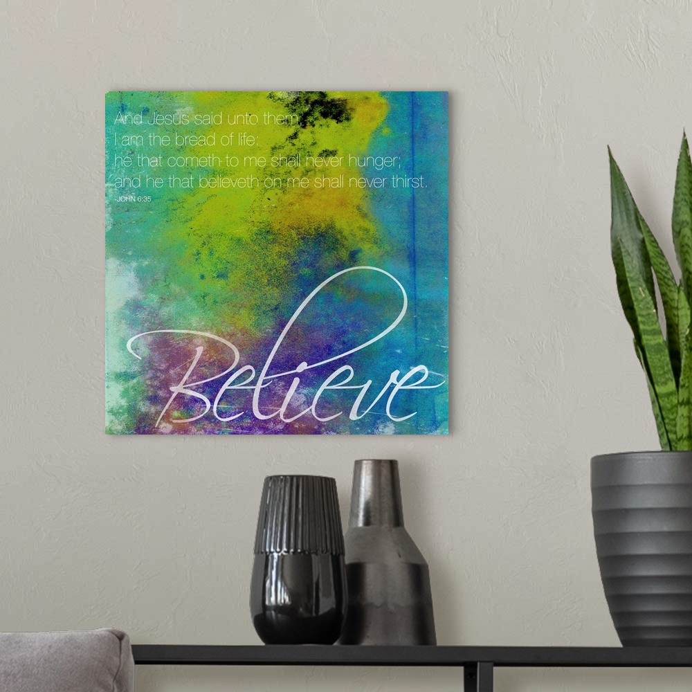 A modern room featuring Watercolor scripture typography art.