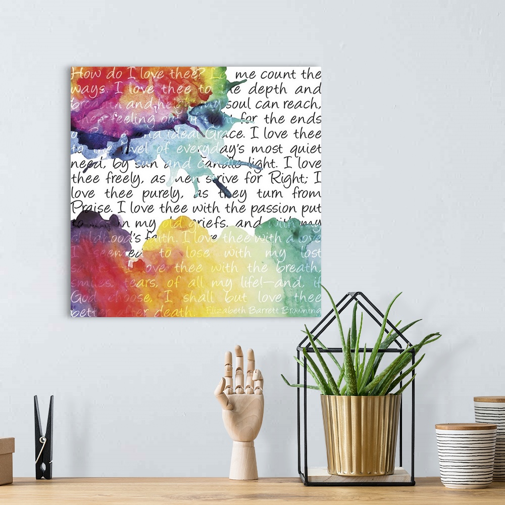 A bohemian room featuring Rainbow watercolor splashes with romantic words.