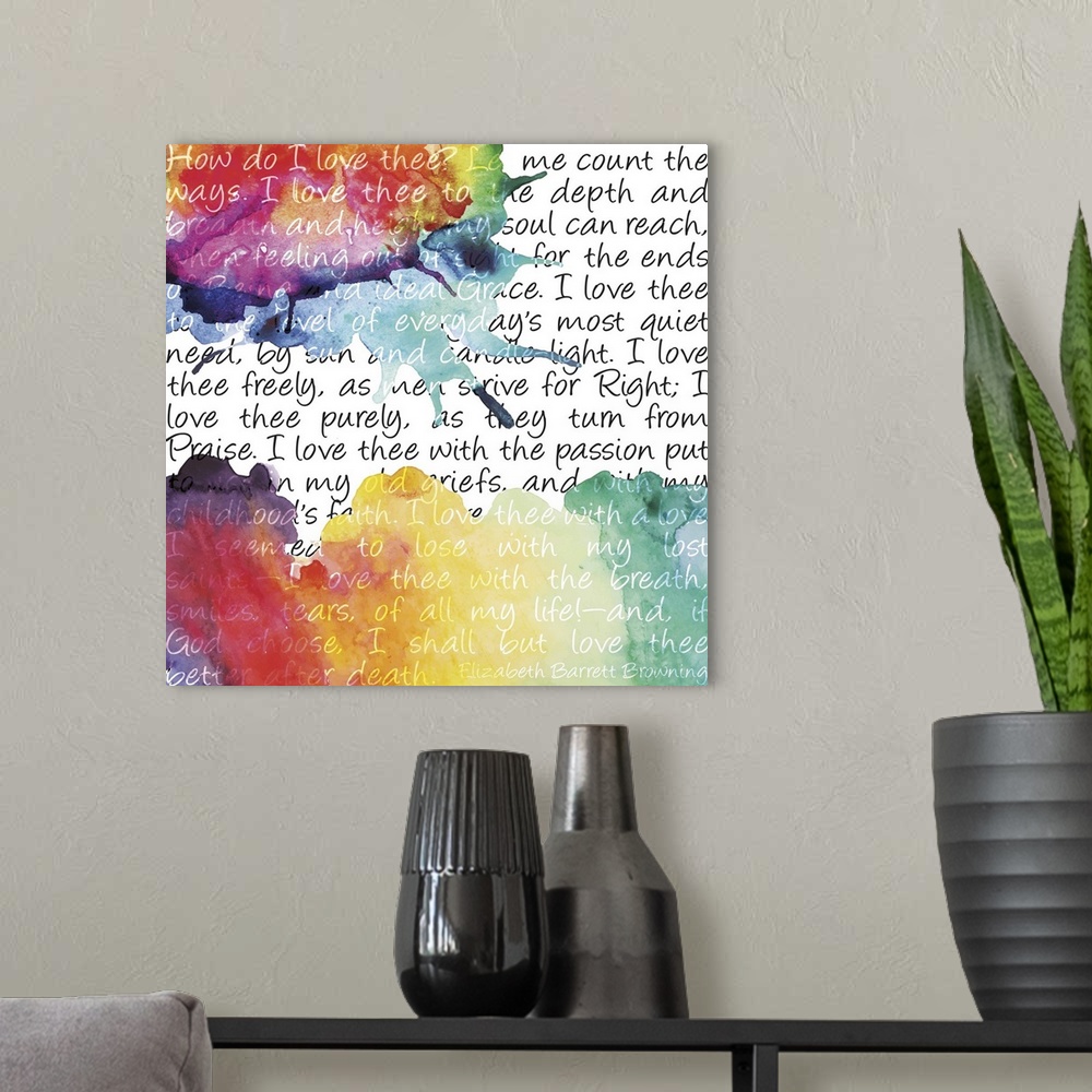 A modern room featuring Rainbow watercolor splashes with romantic words.