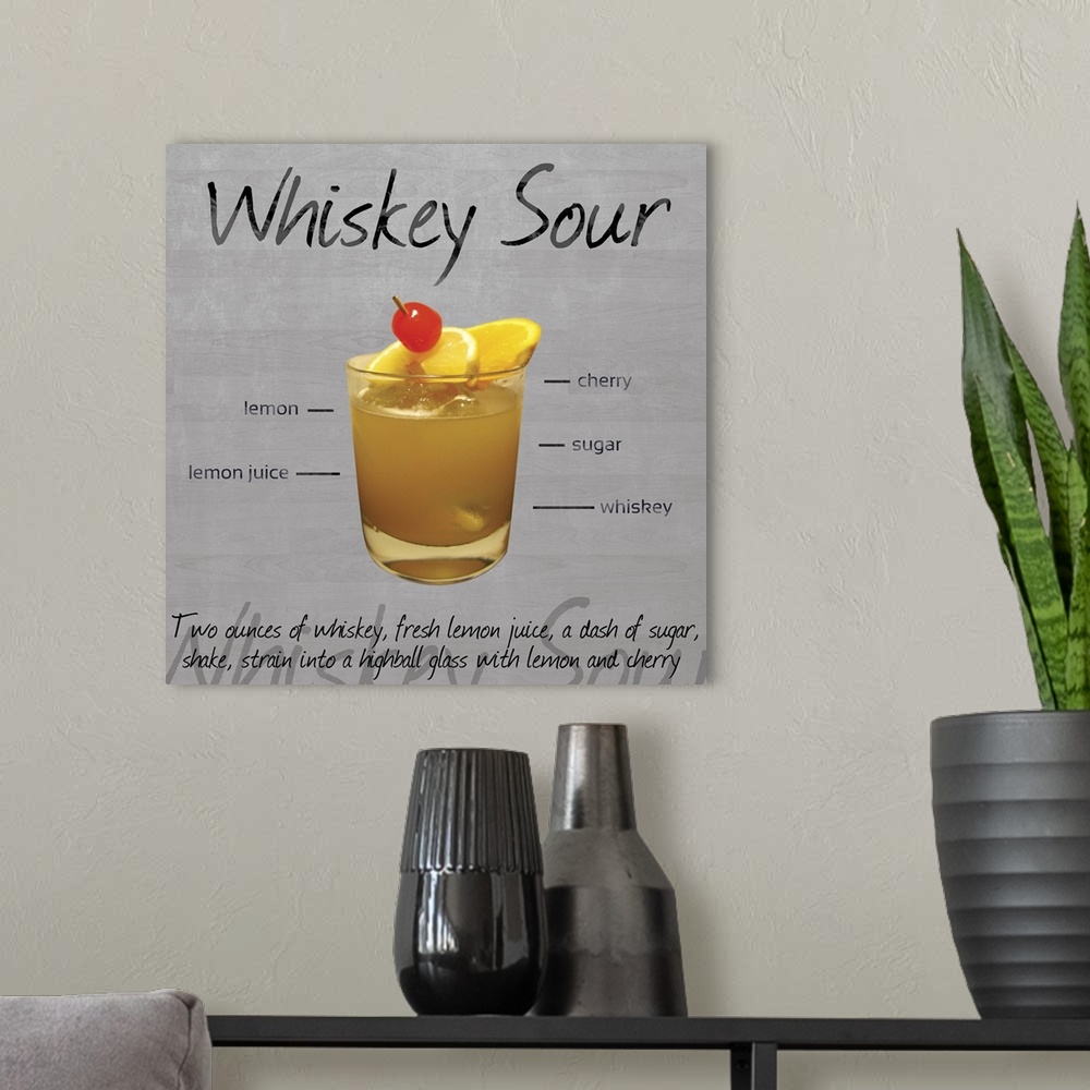 A modern room featuring Artwork of a whiskey sour, showing the layers of ingredients.