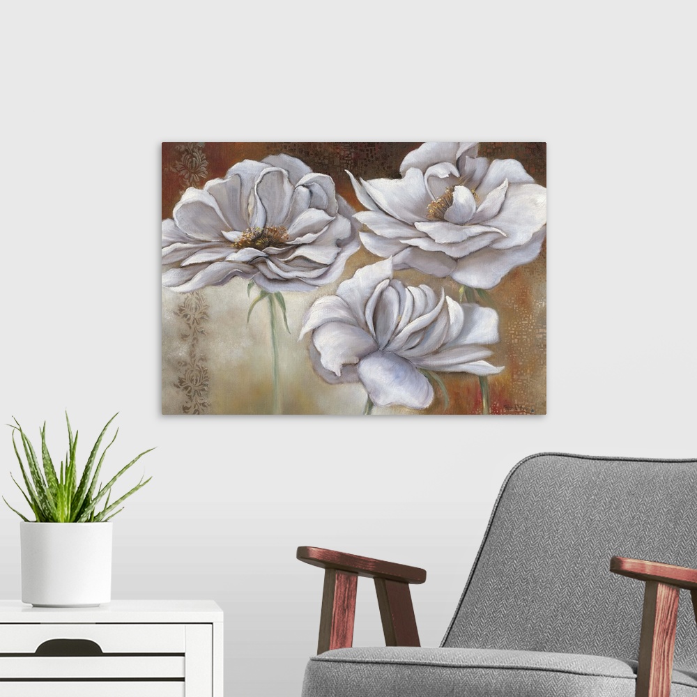 A modern room featuring Contemporary painting of silky looking white flowers against an earth toned background.