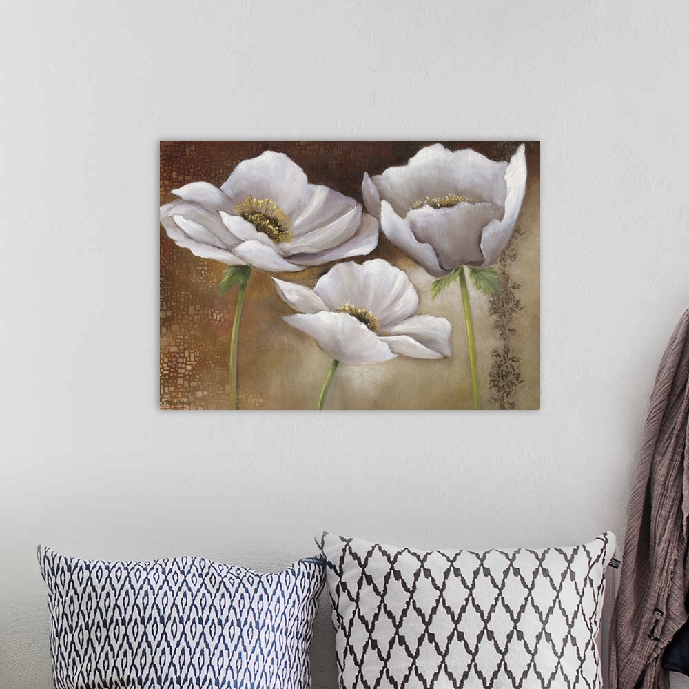 A bohemian room featuring Contemporary painting of silky looking white flowers against an earth toned background.