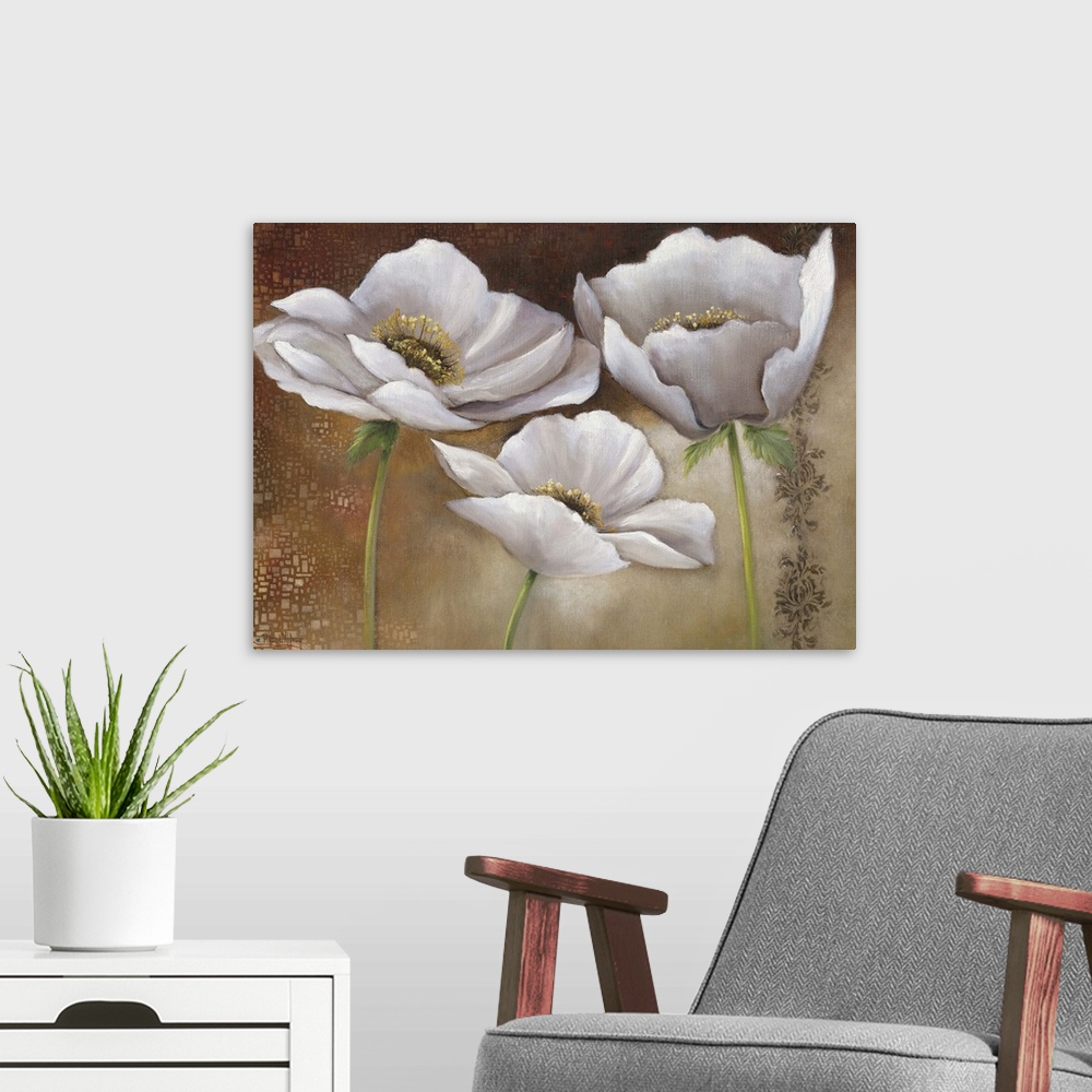 A modern room featuring Contemporary painting of silky looking white flowers against an earth toned background.