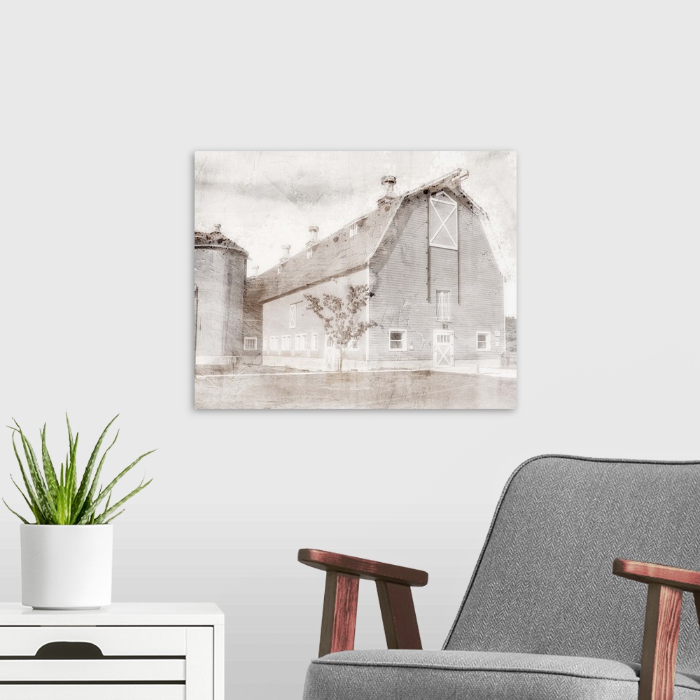 A modern room featuring An image in shades of gray of a barn with a textured overlay.