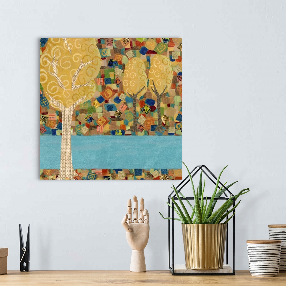 A bohemian room featuring Contemporary artwork of golden trees against a mosaic background.