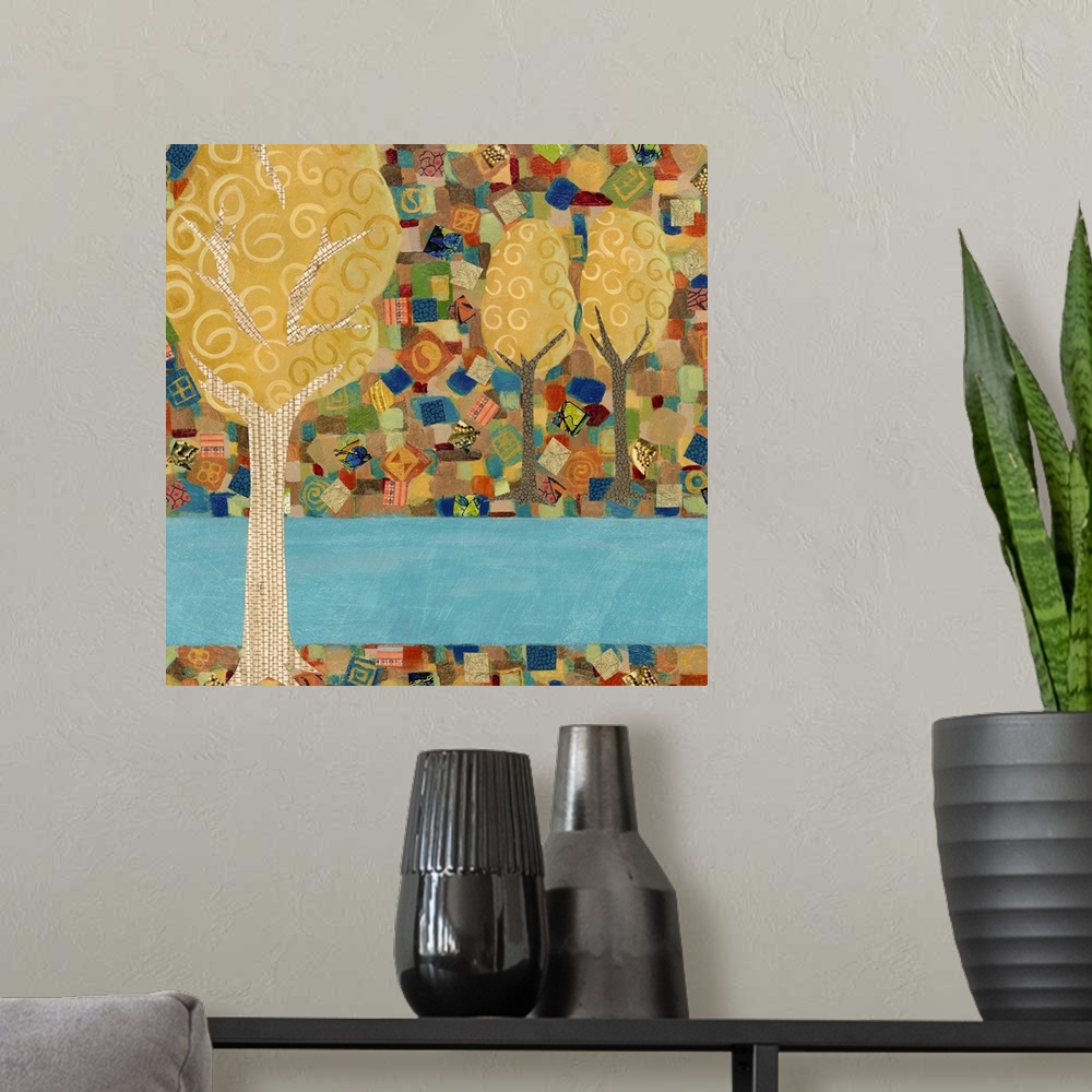 A modern room featuring Contemporary artwork of golden trees against a mosaic background.