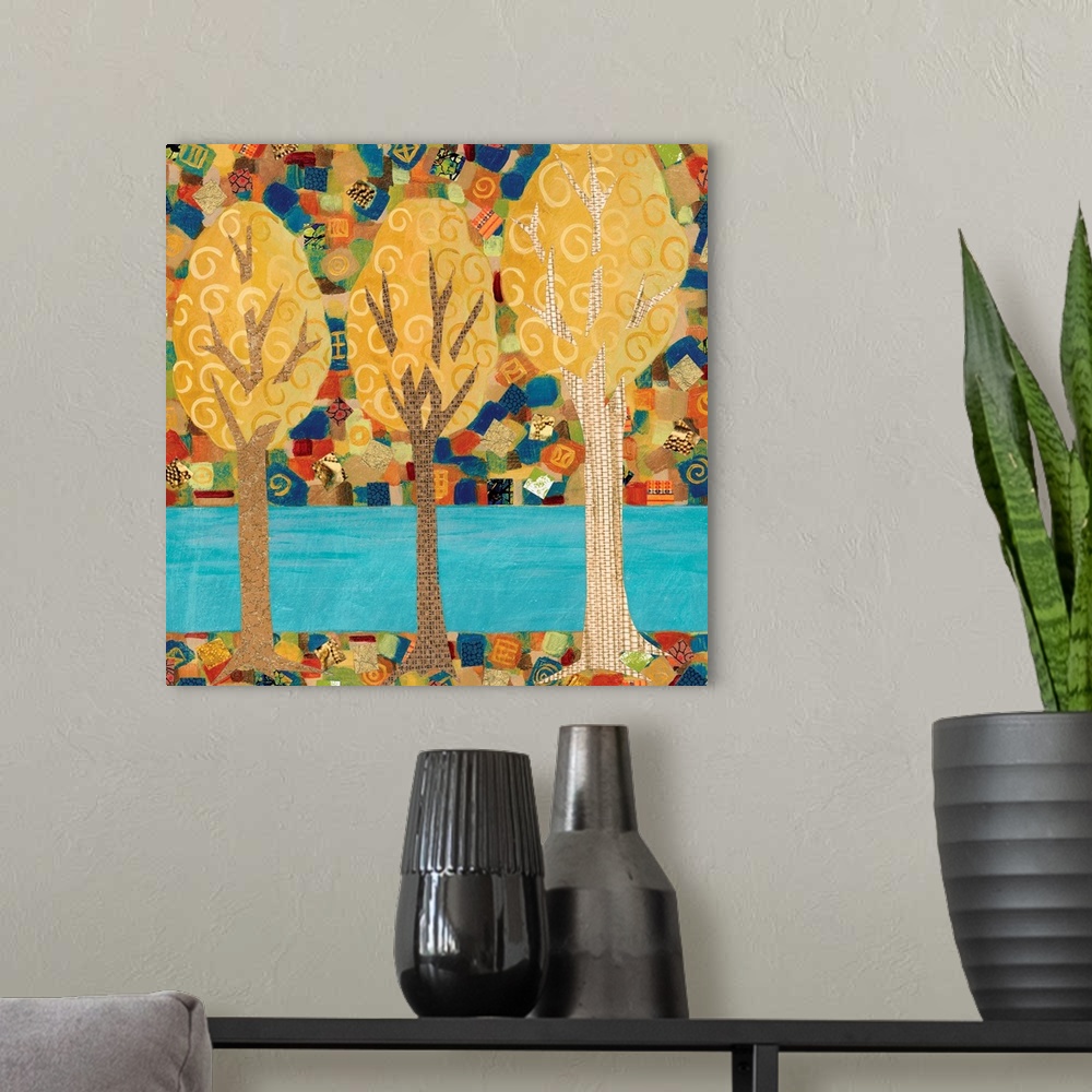 A modern room featuring A painting of three trees of different sizes, with what looks like a stream in the background.