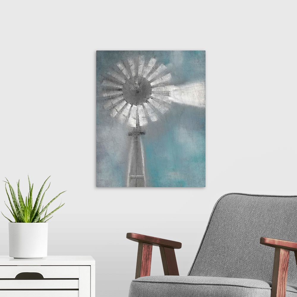 A modern room featuring An image in shades of gray and blue of a windmill with a textured overlay.