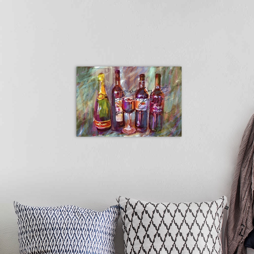 A bohemian room featuring Contemporary painting of three bottles of red wine and a bottle of champagne with a glass of wine...