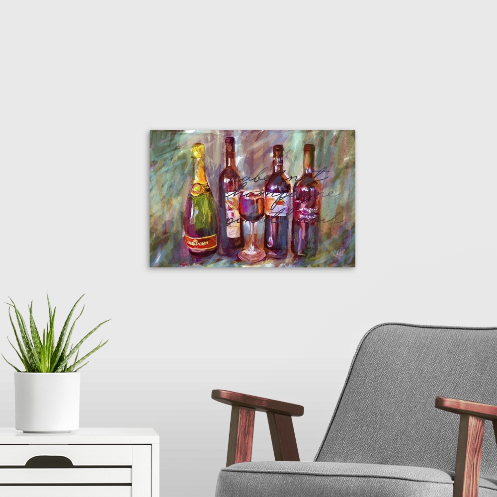 A modern room featuring Contemporary painting of three bottles of red wine and a bottle of champagne with a glass of wine...