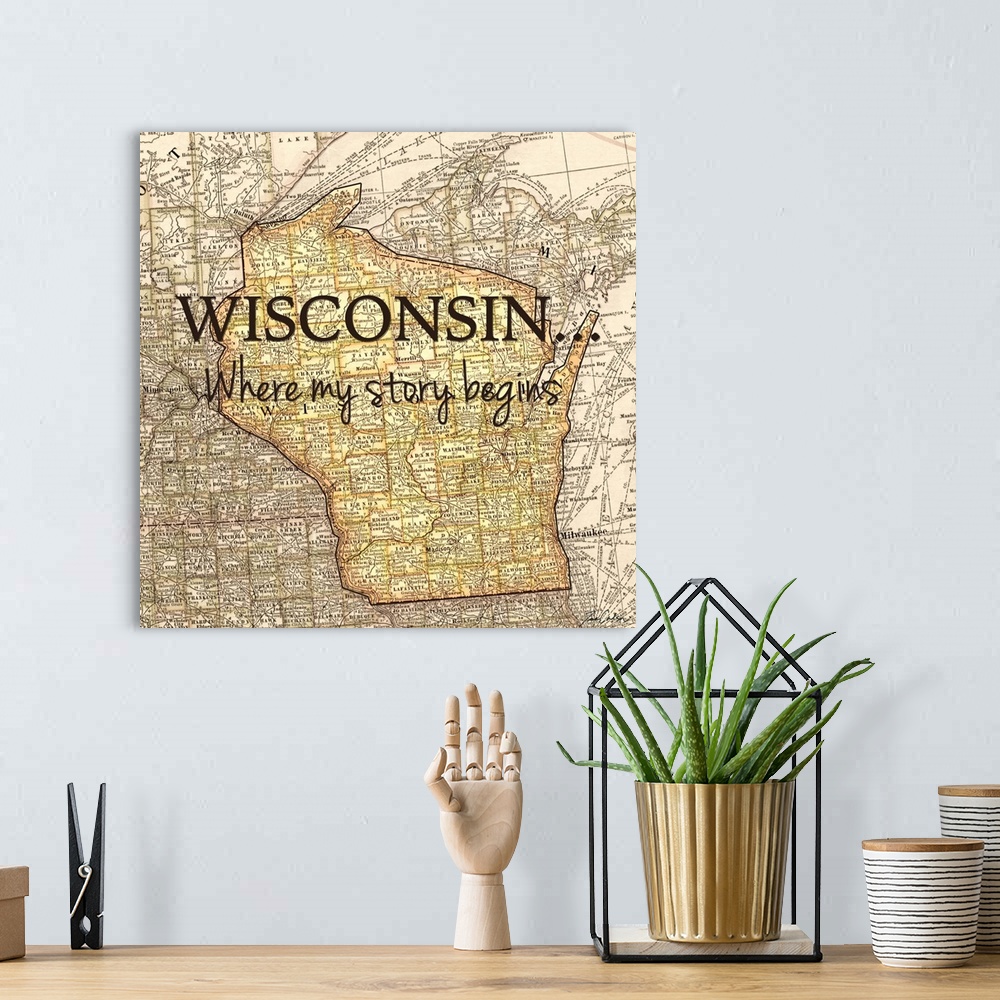 A bohemian room featuring Black text over a map of the state of Wisconsin.