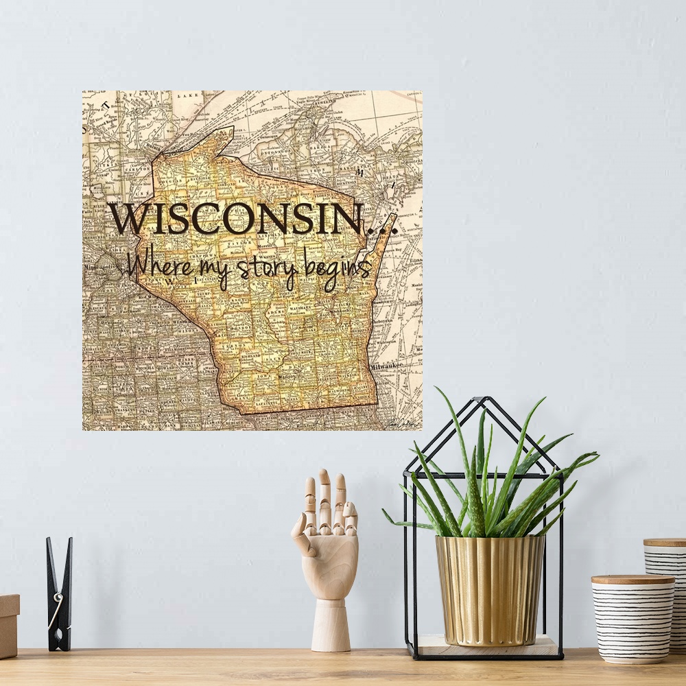 A bohemian room featuring Black text over a map of the state of Wisconsin.