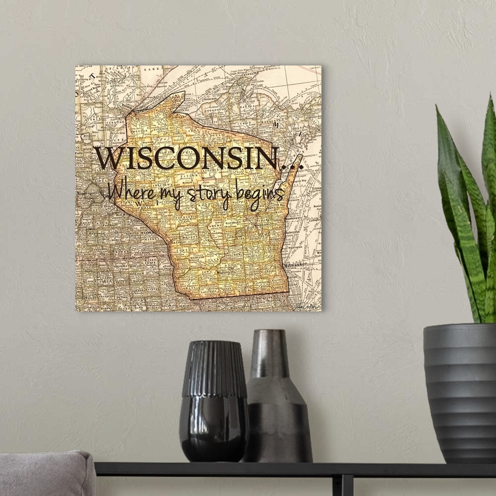 A modern room featuring Black text over a map of the state of Wisconsin.