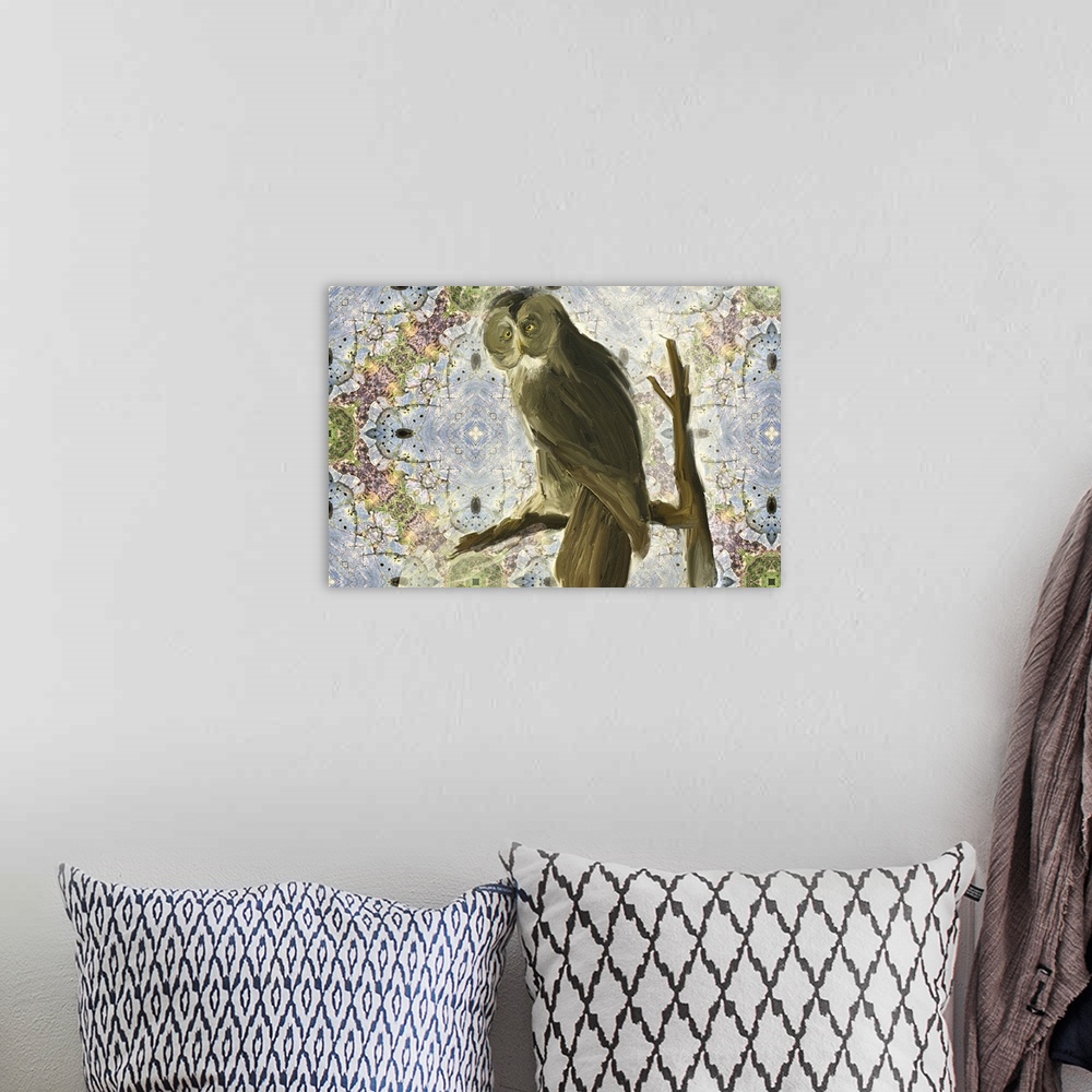 A bohemian room featuring Contemporary painting of an owl on a branch with a blue, purple, and green decorative background.