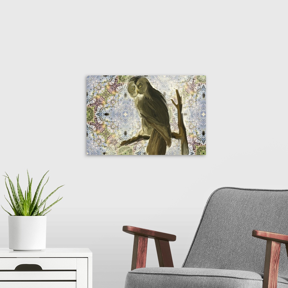 A modern room featuring Contemporary painting of an owl on a branch with a blue, purple, and green decorative background.
