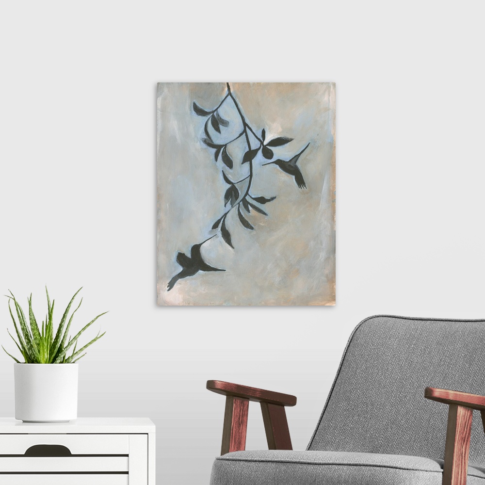 A modern room featuring Contemporary artwork of two hummingbirds at a hanging vine.