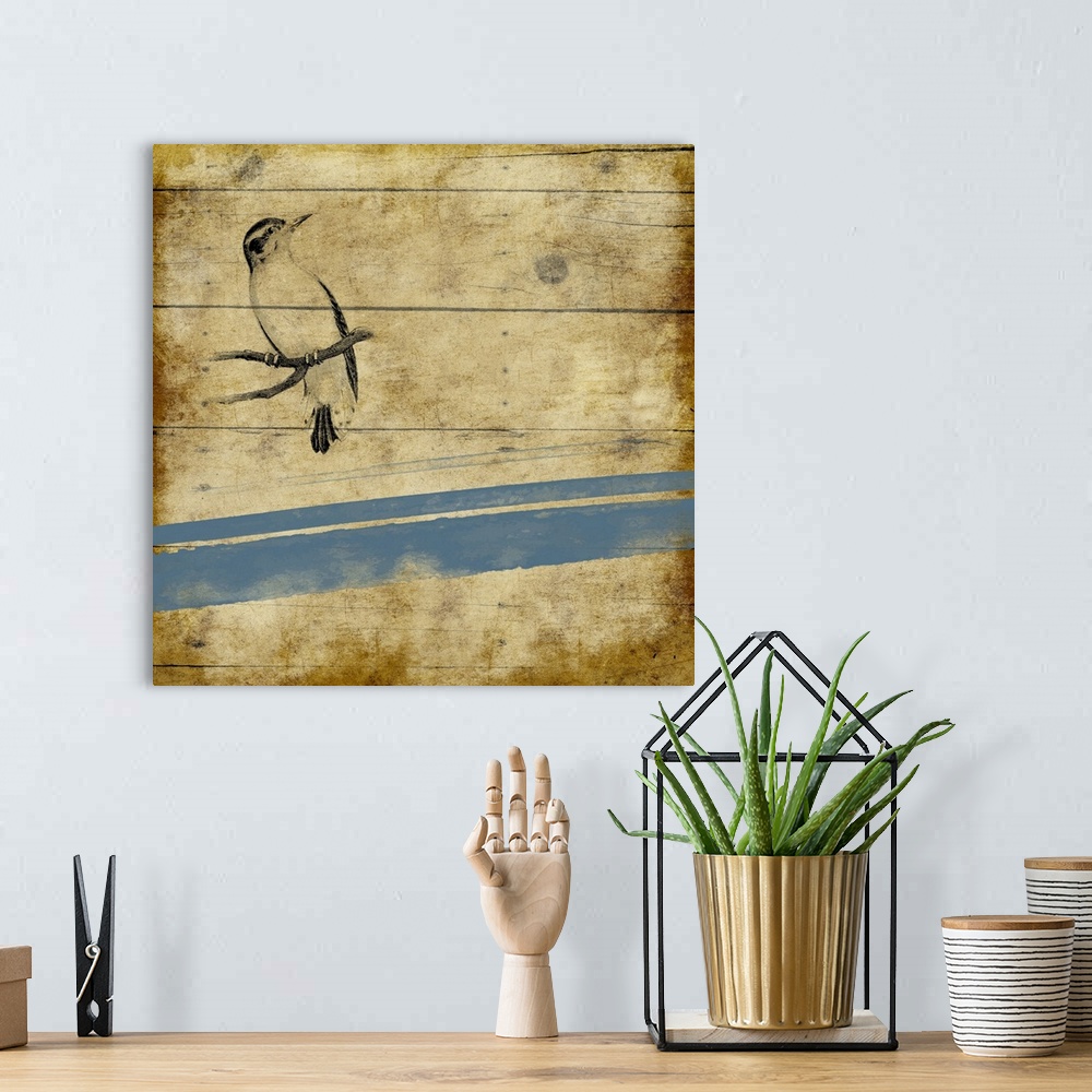 A bohemian room featuring Contemporary piece of art depicting a bird perched on a branch against a rustic wooden background