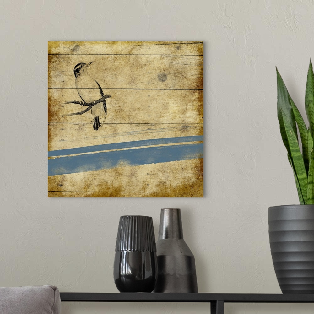 A modern room featuring Contemporary piece of art depicting a bird perched on a branch against a rustic wooden background
