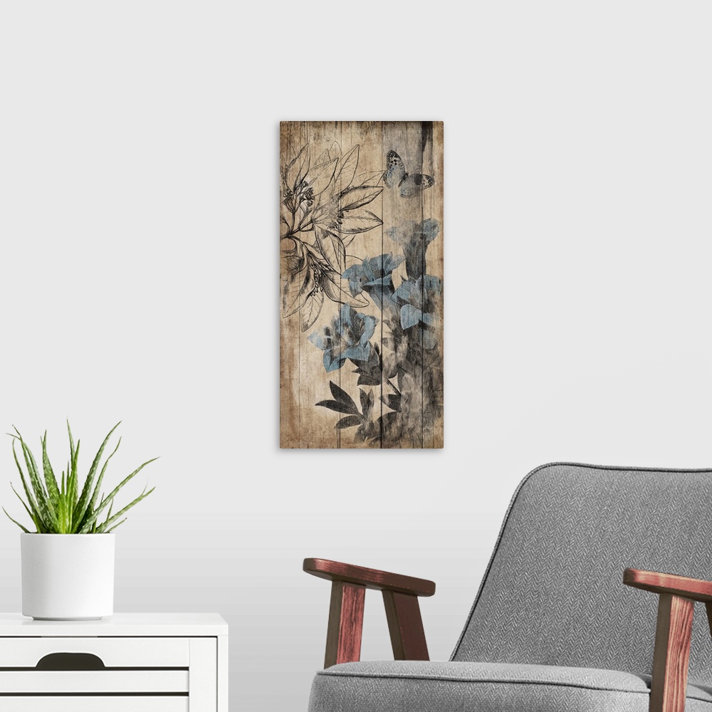 A modern room featuring Vertical contemporary artwork of blue flowers appearing to be painted on a wood surface.