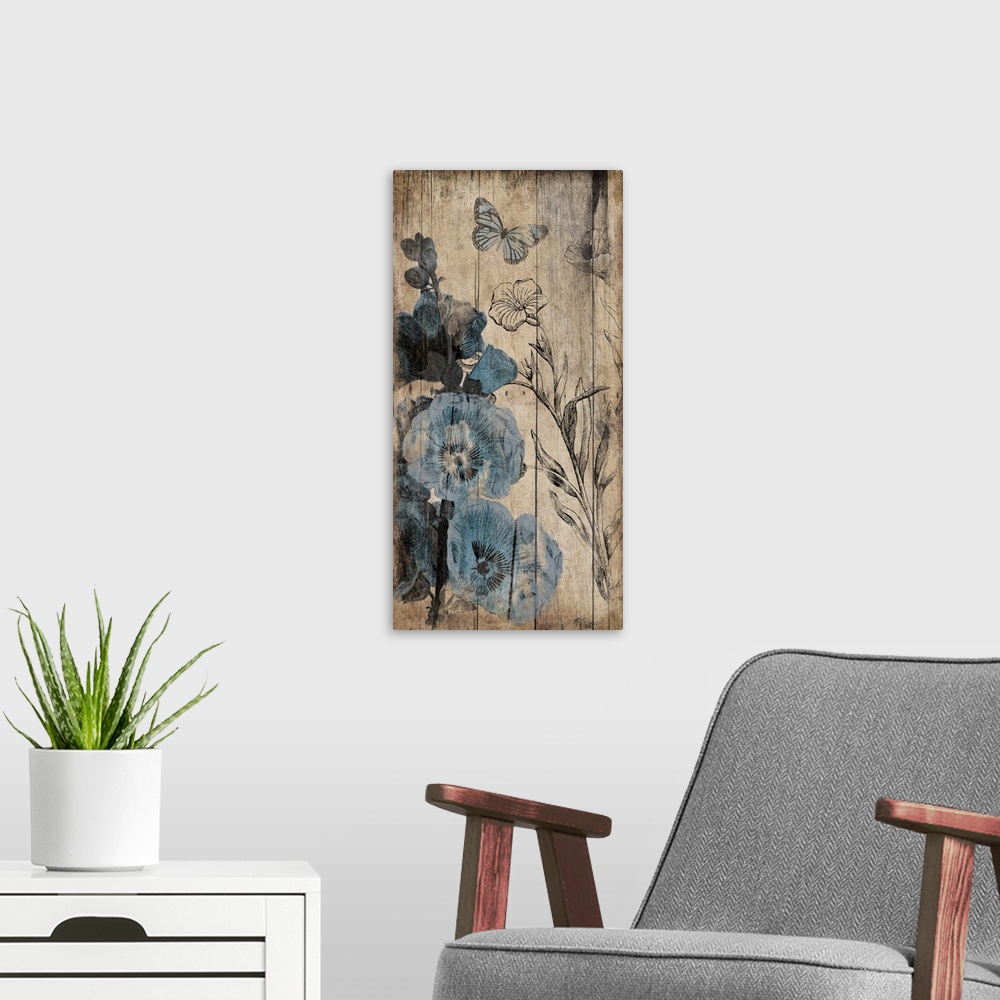 A modern room featuring Vertical contemporary artwork of blue flowers appearing to be painted on a wood surface.