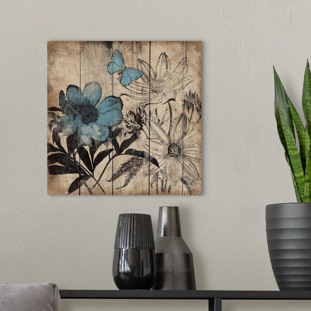 A modern room featuring Contemporary illustrated and painted flowers and butterfly against a wood plank background.