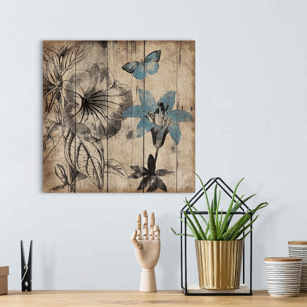 A bohemian room featuring Contemporary illustrated and painted flowers and butterfly against a wood plank background.