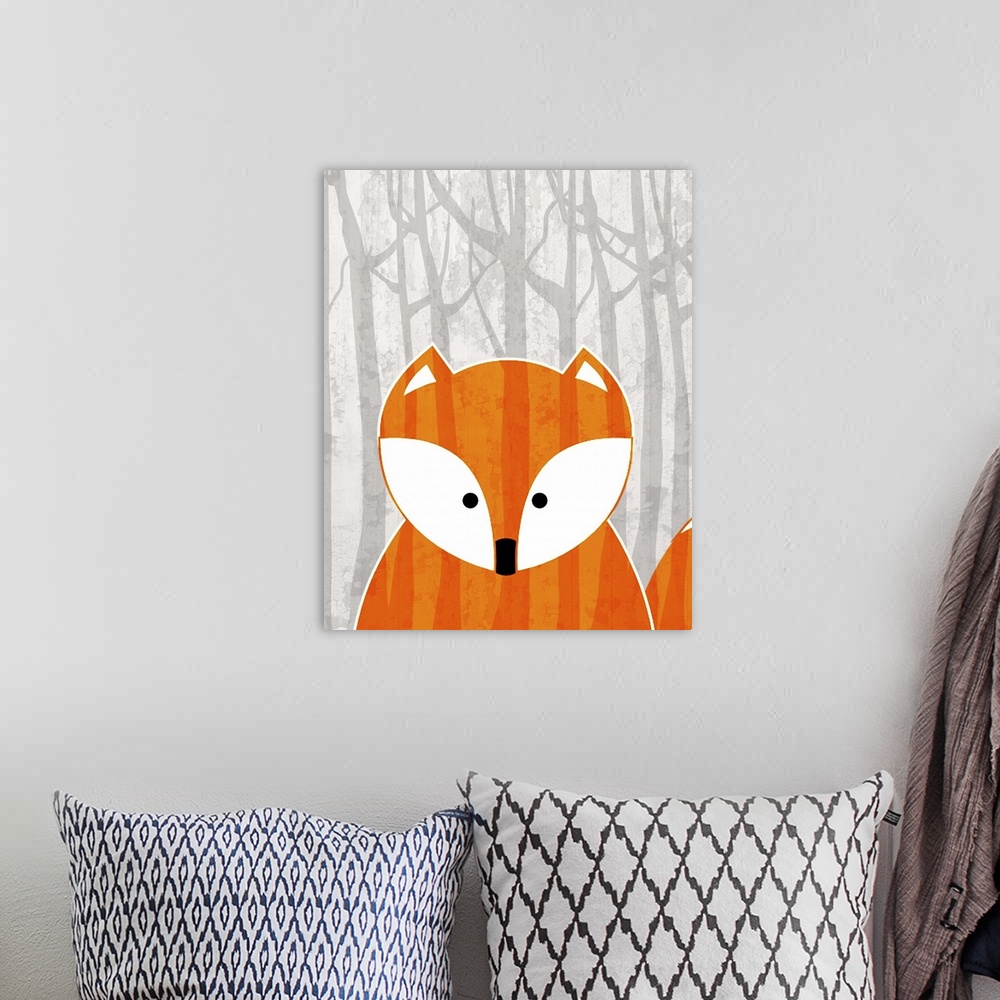 A bohemian room featuring Nursery art of a cute fox in a forest.