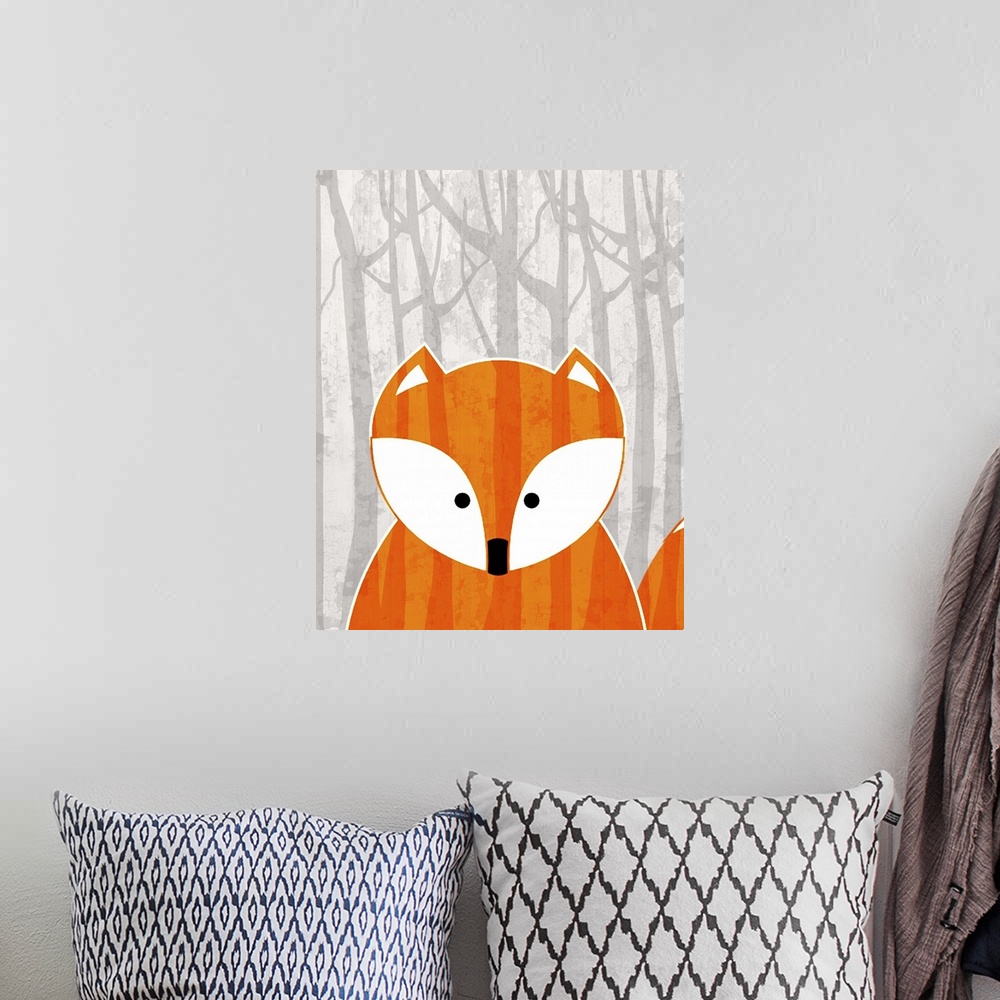 A bohemian room featuring Nursery art of a cute fox in a forest.