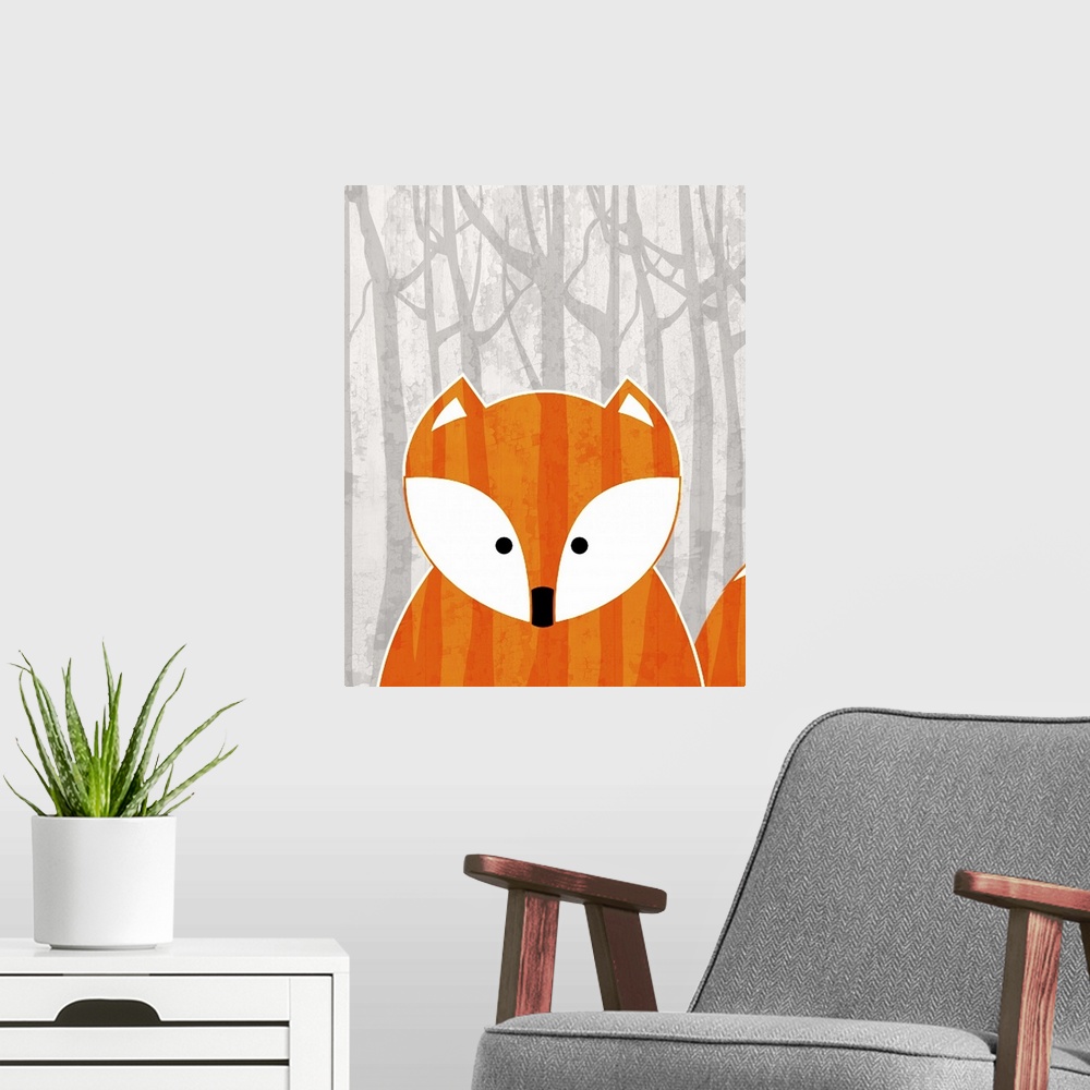 A modern room featuring Nursery art of a cute fox in a forest.