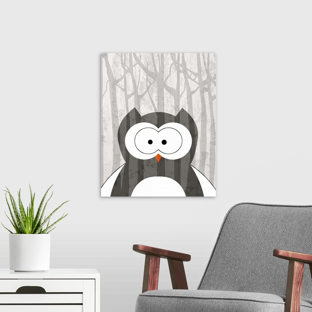 A modern room featuring Nursery art of a cute owl in a forest.