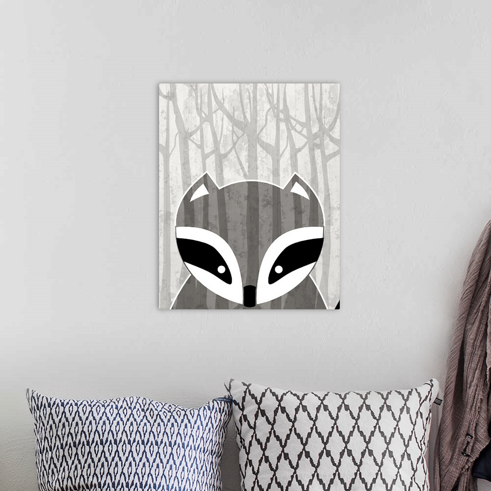 A bohemian room featuring Nursery art of a cute raccoon in a forest.