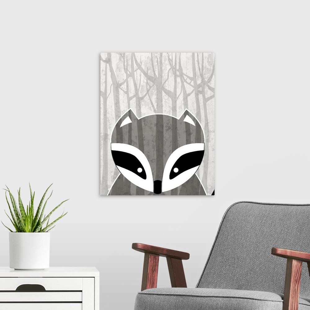A modern room featuring Nursery art of a cute raccoon in a forest.