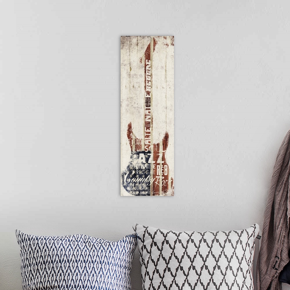 A bohemian room featuring An electric guitar embellished with music-themed words and an American Flag pattern.